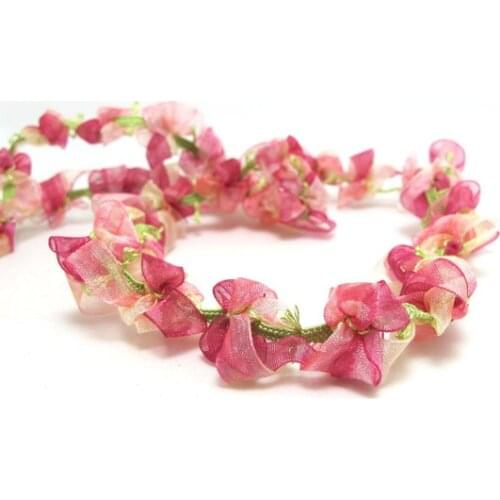 2 Yards Woven Rococo Ribbon Trim with Fuchsia Nude Chiffon Flower|Decorative Floral Ribbon|Scrapbooking|Clothing|Decor