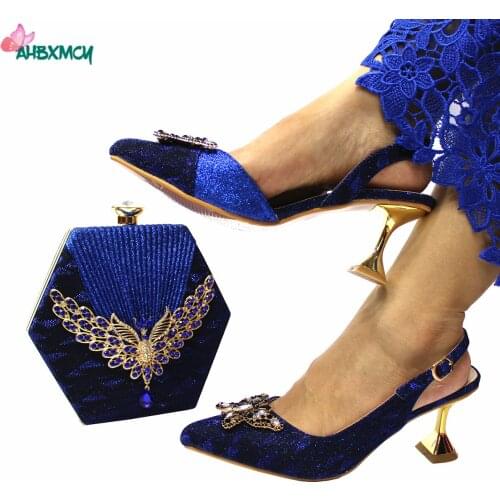 2021 Elegant Style Nigerian Women Shoes and Bag Set in Royal Blue Color High Quality New Design Pumps for Wedding Dress
