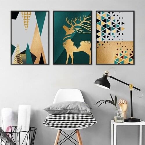 Abstract Geometric Color Block Canvas Painting Golden Elk Poster Wall Art Pictures Aesthetic Room Decor Home Living Room Mural