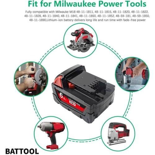 BATTOOL 2x 6.0Ah 18V Power Tool Battery for Milwaukee M18 48-11-1815 48-11-1850 2604-22 2604-20 2708-22 2607-22 48-11-1828