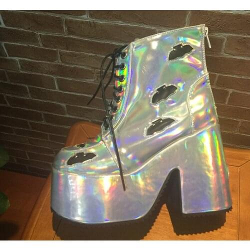 Stylish Laser Silver Bling Leather Lace Up Ankle Boots High Platform Bat Patchwork Chunky High Heel Lolita Thick Sole Booties