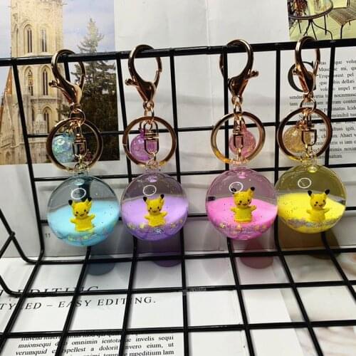 Pokemon Keychain Oil Liquid Quicksand Key Ring Crystal Ball Pikachu Daisy Floating Car Key Chain Handbag Pendant Christmas Gifts