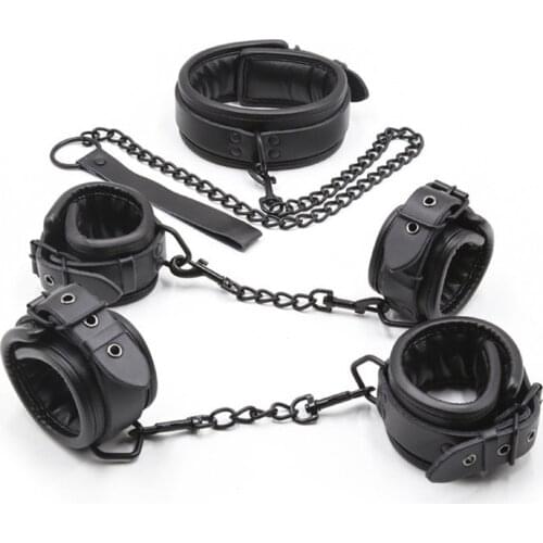 Black Real leather BDSM Set Include Handcuffs Ancle Cuff And Slave Collar, PU leather BDSM Bondage Adult Games Couples Sex Toys