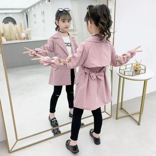 Spring Autumn Embroidery Flower Childrens Clothing Jacket Windbreaker For Girls Raincoat Outerwear Trench Coat Teens 12 13 year