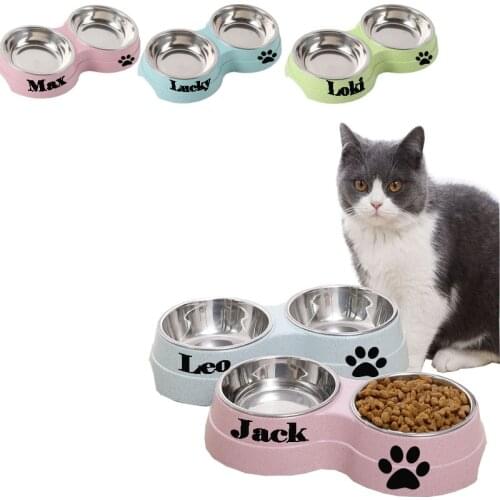 Personalized Pet Double Bowls Food Water Feeder Stainless Steel Drinking Dish Feeder Puppy Supplies Small Dogs Cat Feeding Bowls