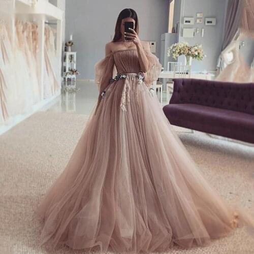 Dirty Pink Fairy Wedding Dress 2021 Off The Shoulder Puff Sleeve Bride Dresses Flowers Wedding Gown Custom Made vestido de noiva