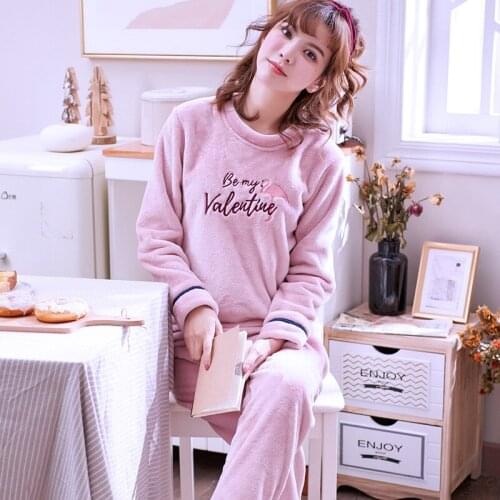 H5770 Autumn Winter Pajamas Thickened Coral Fleece Women Long Sleeve Nightwear Set Girl Cute Korean Round Collar Sweet Sleepwear