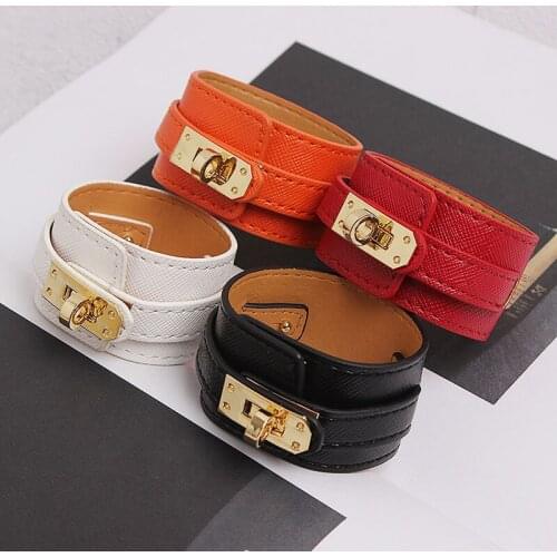 Hot Brand Stainless Steel Buttons Double layer Wide Bangle Black Smooth leather Real Cowhide Leather Bracelets For Women