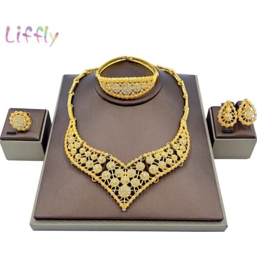 Liffly Dubai Wedding Elegant Bridal Jewelry Gold Necklace Bracelet Women Earrings Ring Party Fashion Jewelry Sets