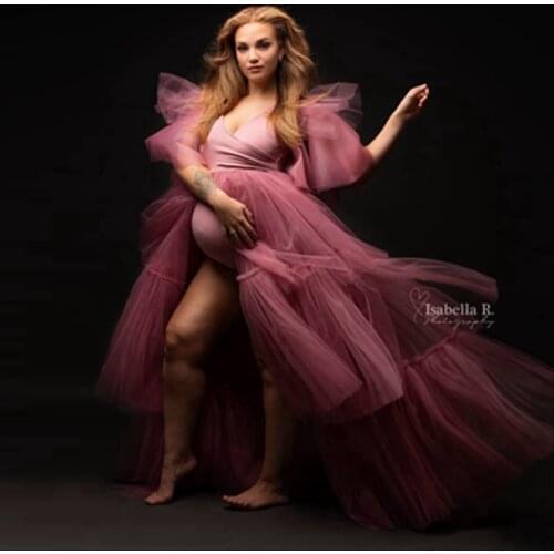 Trendy V Neck Mesh Pregnancy Dress Open Front Sexy See Thru Tiered Ruffles Tulle Maternity Dresses Long Baby Shower Robes 2021