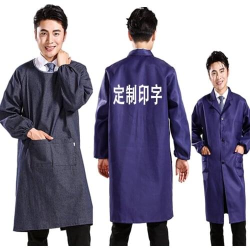 Korean fashion apron blue coat long-sleeved overalls men and women custom printed long section denim handling labor protection