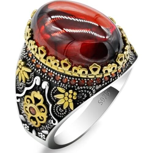 New Style Turkish 925 Sterling Silver Mens Red Zircon Ring, Vintage Engraving Design, with Red CZ zircon Punk Rock Male Ring T