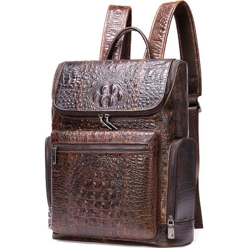 Mens Genuine Leather Backpack Bag for Men 14 Inch Laptop Bag Vintage Travel Business Bag Crocodile Pattern Designer Bag 2021
