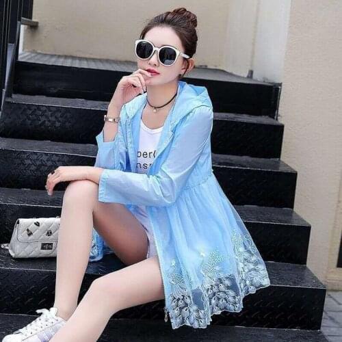 New 2021 Summer Lace Print Jacket Women Long Sleeve Loose Hooded Coat Lady Tops Female Blue Jackets Plus Size Clothes Y954