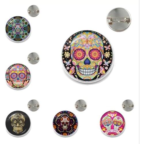 New Classic Mexican Sugar Skull Brooch Pin Badges Button Day of the Dead Culture Art Pattern Glass Dome Scarf Pins Jewelry