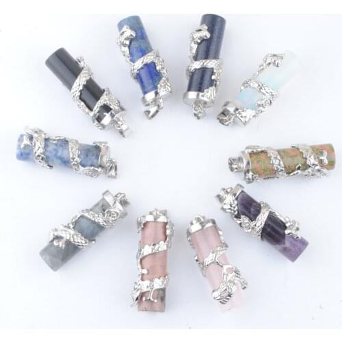 Wholesale 10Pcs Dragon Wrap Drop Pendant Cylindrical Natural Gem Stone Jewellery Reiki Men Women Jewelry Pendulum Amulet TBN462