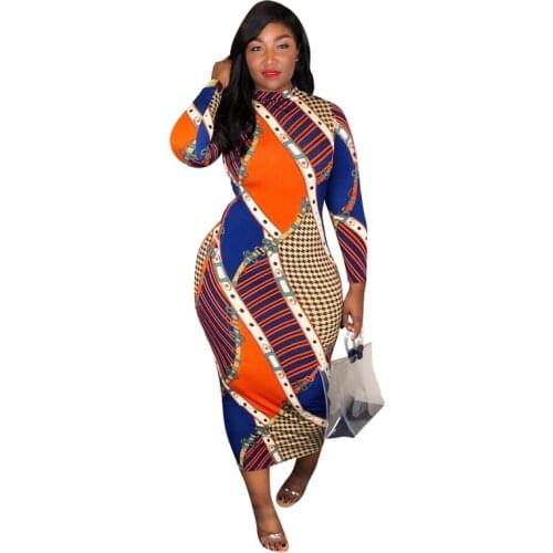 Autumn Womens Turtleneck Long Sleeve Dress Bag Hips High Waist Sexy Dress Print Bodycon Office Dresses Wholesale Dropshipping