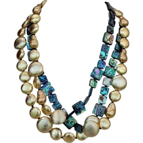 YYGEM Brushed gold color beads 3 Strands Natural Square Rainbow Color Abalone Shell choker Necklace 19"
