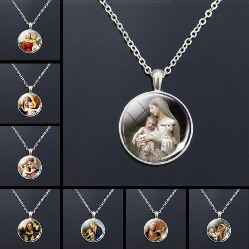 Virgin Mary and Baby Jesus Christian Catholicism Jewelry Necklace Blessed Mother Religious Art Glass Dome Pendant Gift
