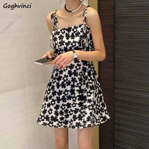 Dress Women Summer Fashion Retro Korean High Waist Sexy Floral Sundress Spaghetti Strap Streetwear All-match Mini Female Vestido
