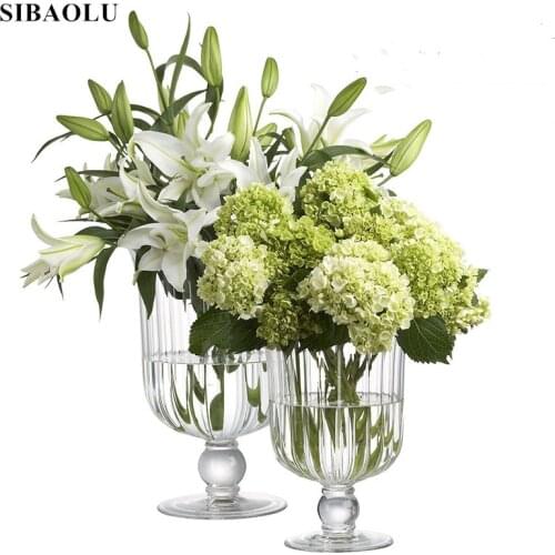Ins Transparent Glass Vase European Style Creative High Foot Vase Table Flower Arrangement Large Caliber Hydroponic Flower Vase