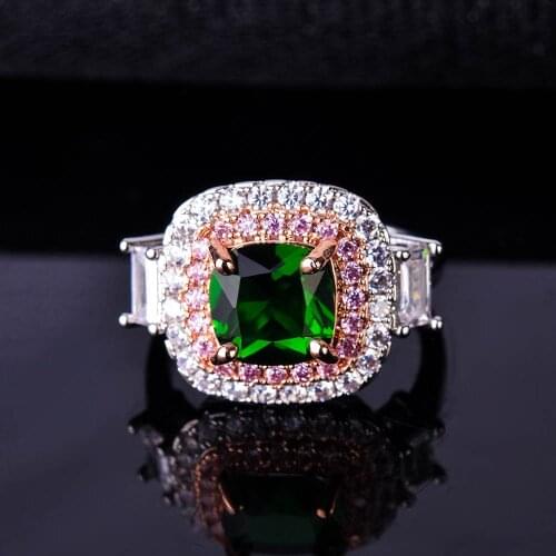 QTT Luxury Female Sterling Silver 925 Bridal Ring Shiny Green Pink Zircon Wedding Band Jewelry Vintage Party Rings For Women
