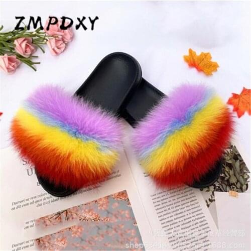 Kids/Childrens Fluffy Fur Shoes Ladies Real Fox Fur Slippers Woman Plush Open Toe Sandals Female Raccoon Fur Slides Flip Flops