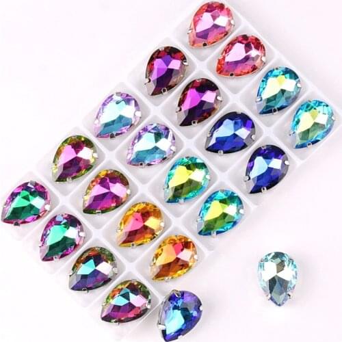 Waterdrop shape Silver claw settings Rainbow & Jelly AB glass Crystal 7*10 10*14 13*18mm Sew on rhinestone clothes diy trimming