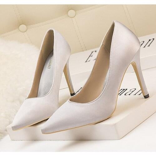 Pumps Women Shoes Silk Slip On 10CM Thin High Heels Pointed Toe Office & Career Dress Sexy Party Wedding shoes for women 2020