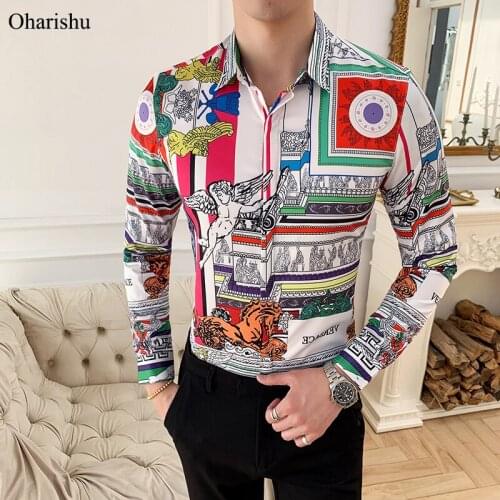 Spring European Style Mens Shirt New Fashion Retro Printed Long Sleeve Shirts Men Casual Party Night Club Streetwears M-4XL