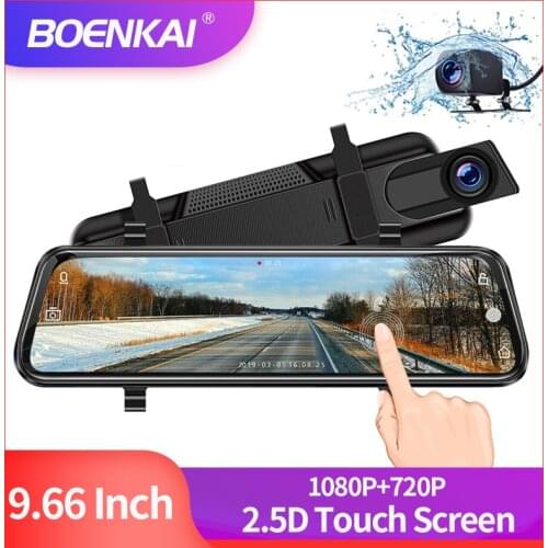 BOENKAI 9.66 Inch Touch Screen Car Black Box Dual Lens Camera Automobile Video Recorder 1080P Dash Cam Rearview Mirror Car DVR