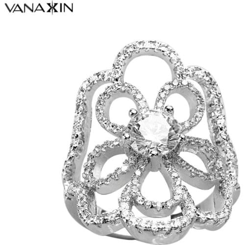 Women Copper Rings Flower Silver Color Engagement Party Rings For Female CZ Shiny Charming Jewelry Party Gift Box