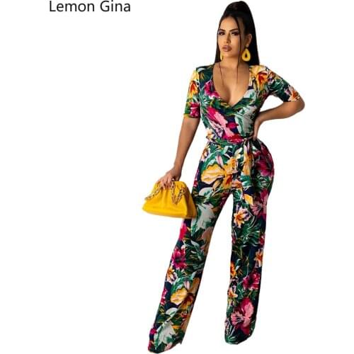 Lemon Gina Summer 2021 New Sexy Fashion Digital Print V-neck Jumpsuit for Women