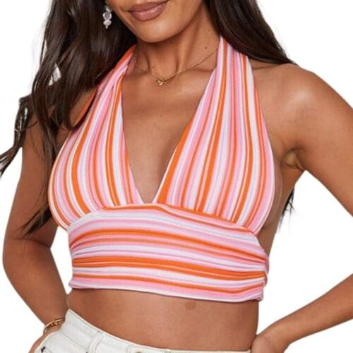Womens New Sexy Y2K Striped Knitted Halter Neck Halter Camisole Halter Camisole Striped Deep V-neck Sexy Ladies Vest