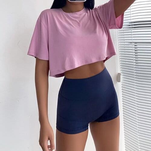2021 Summer Women Loose Fit Gym Crop Top Shirts Yoga Workout T-Shirt Short Sleeve Tees Sexy Fitness Blouses Sports Activewear