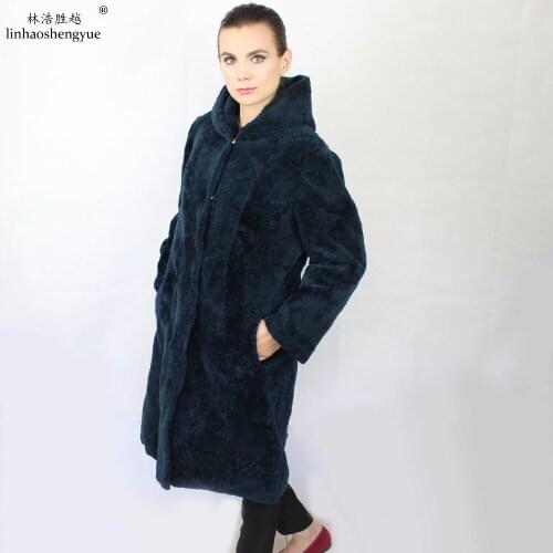 Linhaoshengyue 105CM Monglia Sheeep Fur Women Coat with Hood Sleeve 60CM Freeshipping