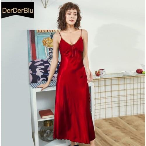 Summer Women Silk Satin Nightgown Sexy Sleepwear Long Sleep Dress V Neck Sling Solid Night Skirt Lace Nightie Home Wear Lingerie