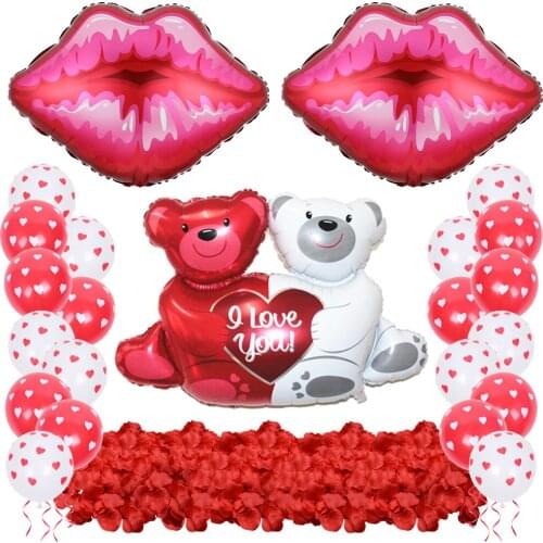 1set Big Lips Double Bear Hug Heart Foil Balloons Red Petal White Heart Latex Globos I Love You Valentines Day Wedding Decor