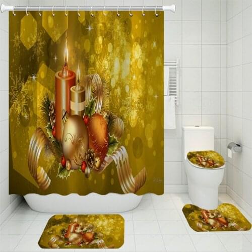 3/4 Pieces Gold Background Shower Curtains Set Merry Christmas Carpet Festival Bathroom Non-slip Set 3D Print Holiday Toilet Mat