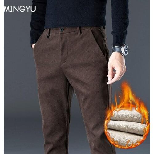 Winter Fleece Corduroy Pants Men Warm Mens Pants Stretch Elasticity Fit Business Thick Korean style Business Trousers Male