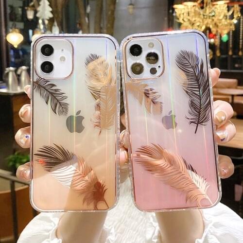 Luxury plating Aurora colorful feather quill-pen 2 in 1 Phone Case For apple iPhone 12 Pro Max 7 8 Plus X XS XR 11 MiNi SE Cover