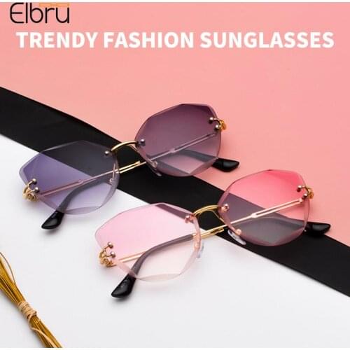 Elbru Rimless Cat Eye Sunglasses Gradient Cut Edges Lens Sun hades Glasses Luxury Metal Women Sunglasses Anti-UV Ourdoor Gafas