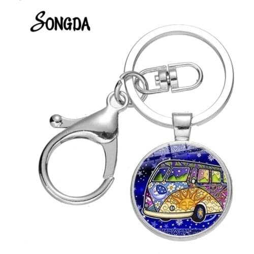 Classic Peace Bus Keychain Zinc Alloy Clasp Buckle Key Chain Van Bus Hippie Vintage Print Glass Cabochon Pendant Key Ring Holder