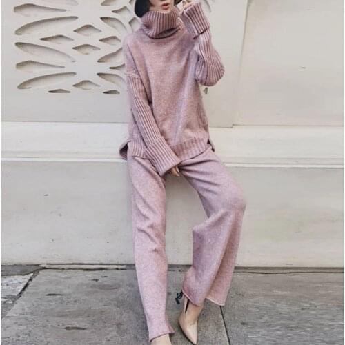 GUUZYUVIZ Turtleneck Thicken Winter Women Set High Waist Knitted Long Pants And Pullover Warm Sweater 2 Piece Set Women Casual