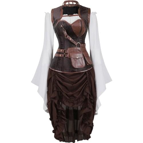 Steampunk corset dress top skirt 3-piece costume cosplay gothic punk corsets bustier pirate burlesque vintage plus size brown