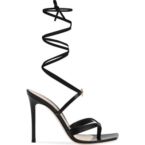 Summer new style lace-up Rome fashion square head sheepskin stiletto sexy sandals banquet dress large size womens shoes