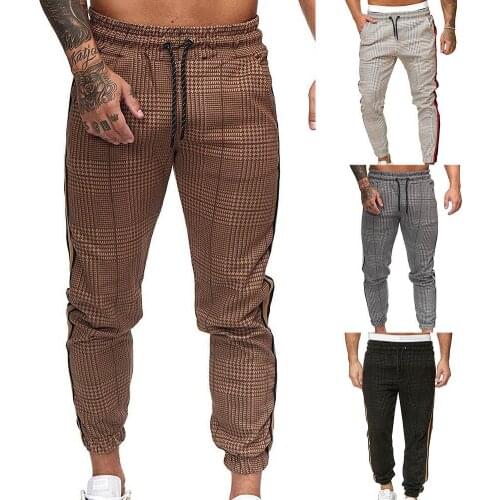 M-3XL Men Casual Pocket Stripe Plaid Print Drawstring Long Pants Ankle-Tied Trousers Casual Sweatpants Mens Workout Pants