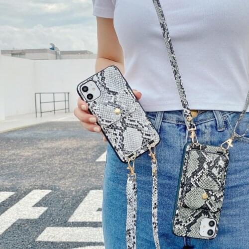 Fashion Pythons Textured Leather Crossbody Lanyard Phone Case For iPhone 12 Pro Max 11 X XR XS MAX Snakeskin Wallet Stand Cover