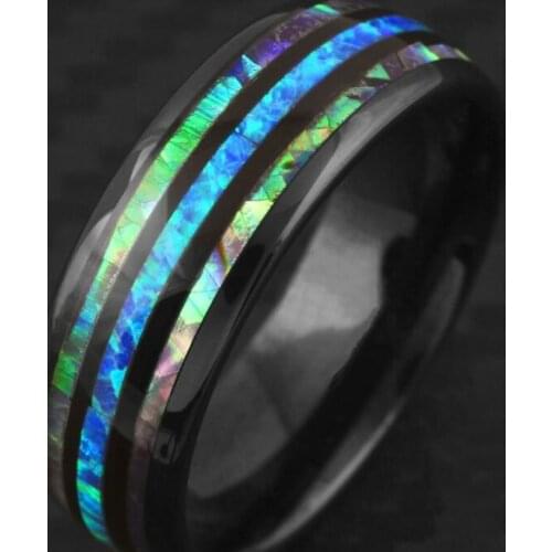 Mens Fashion Engraved 8MM Stainless Steel Abalone & Hawaiian Blue Opal Ring Mens Engagement Wedding Band Cocktail Party Jewelry