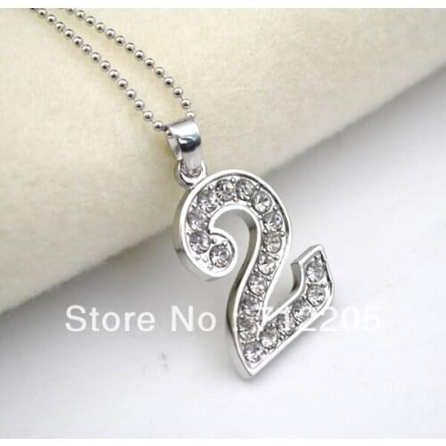 5pcs a lot rhodium plating with Crystal number "2" Digital pendant necklaces (A002)